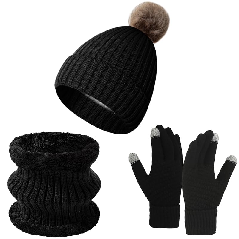 fdsmall Ensemble bonnet d'hiver 3 en 1, écharpe et gants pour écran tactile, bonnet tricoté élastique chaud, écharpe et gants pour écran tactile, sports de plein air, doublure intérieure en polaire