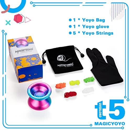 YOSTAR Yoyo Professional Unresponsive Yo-yo T5 Plus Overlord, Aluminum Alloy Metal Yo yo, Enter Level Trick yoyo for Beginner, with 6 Yoyo Strings, Yo-Yo Bag, Glove (Blue Pink Gradient )