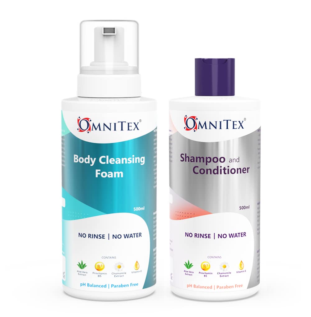Omnitex Combo Pack - Rinse Free Shampoo & Body Cleansing Foam 500ml | With Herbal Oils & Vitamins | No Water - No Rinse Body Wash | Clean, Nourish, Protect | No Parabens, Latex & Alcohol Free