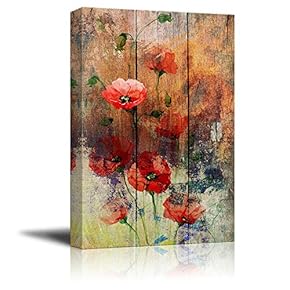 Watercolor Poppy Flowers Over Wood Panels Nature