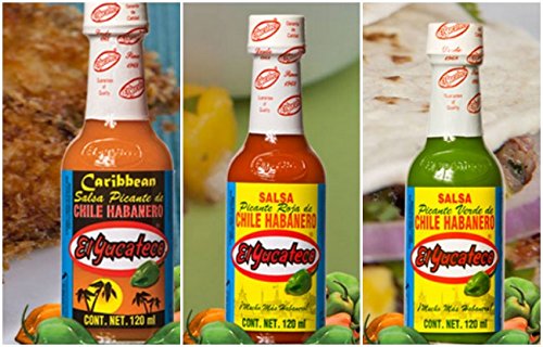 El Yucateco Hot Suace (4oz) 3 Pack Variety (Red Habanero, Green Habanero, Habanero Caribbean)