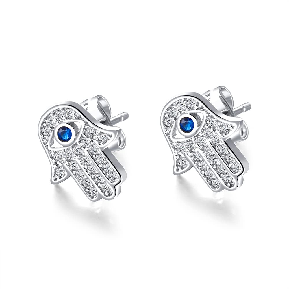 Evil Eye Protection Hamsa Hand of Fatima Stud Earring for Women Girls 18K Gold Post Stainless Steel Cubic Zirconia Hypoallergenic Dainty CZ Best Friend Jewelry (Silver)
