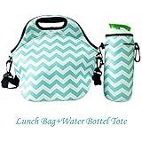 Amerzam Neoprene Lunch Bags/Lunch Boxes, Waterproof Outdoor Travel Picnic Lunch Box Bag Tote with Zipper and Adjustable Crossbody Strap (Light Blue Lunch bag+Water Bottle Tote)