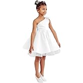 JOJECO Toddler Wedding Guest Party Dress Short One-Shoulder Flower Girl Tutu Dresses for Formal Graduation Party White Satin Tulle Princess Pageant First Communion Dress for Girls Bow-Knot 06