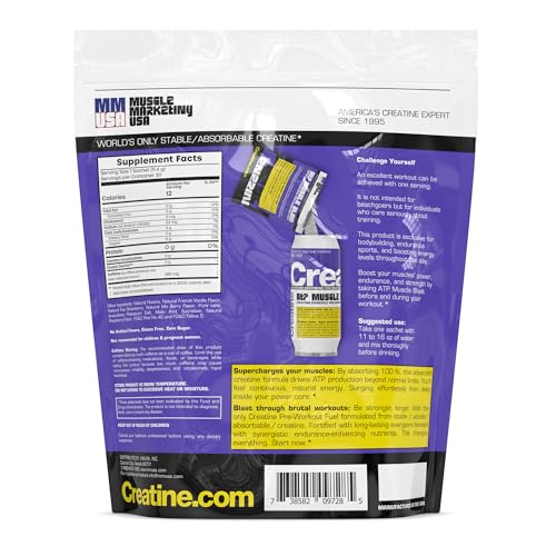MMUSA ATP MUSCLE BLAST: WORLD’S ONLY STABLE CREATINE ENERGY DRINK. INSTANT ABSORPTION. IMMEDIATE BOOST FOR INTENSE BODYBUILDING, ENDURANCE SPORTS. TRAIN HARDER, RECOVER FASTER. 30 SACHETS, 11.4G EACH