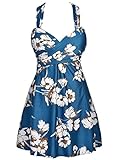 COCOPEAR Women Elegant Crossover One Piece Swimdress Floral Skirted Swimsuit ,Teal Floral,XXX-Large / 14-16