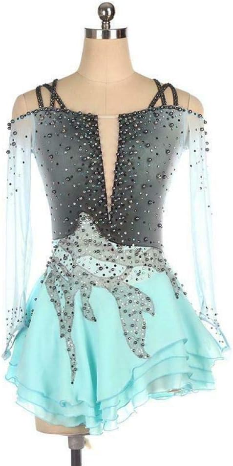 Figure Skating Dress Fingerpoint Sleeves Ice Skating Skirt Long-Sleeved Figure Skating Competition Professional Costume Competition Dresses Green,Green-S