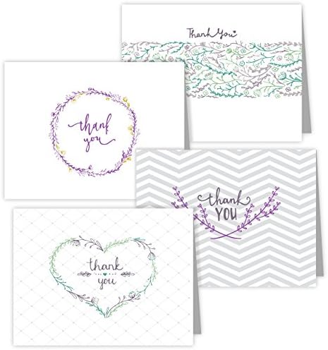 One Jade Lane - Floral Medley, Designer Thank You Cards - Heavy Stock - 4 Designs - Set of 24 Folded Cards &amp; Our "Unique Fine Cornered Envelopes".