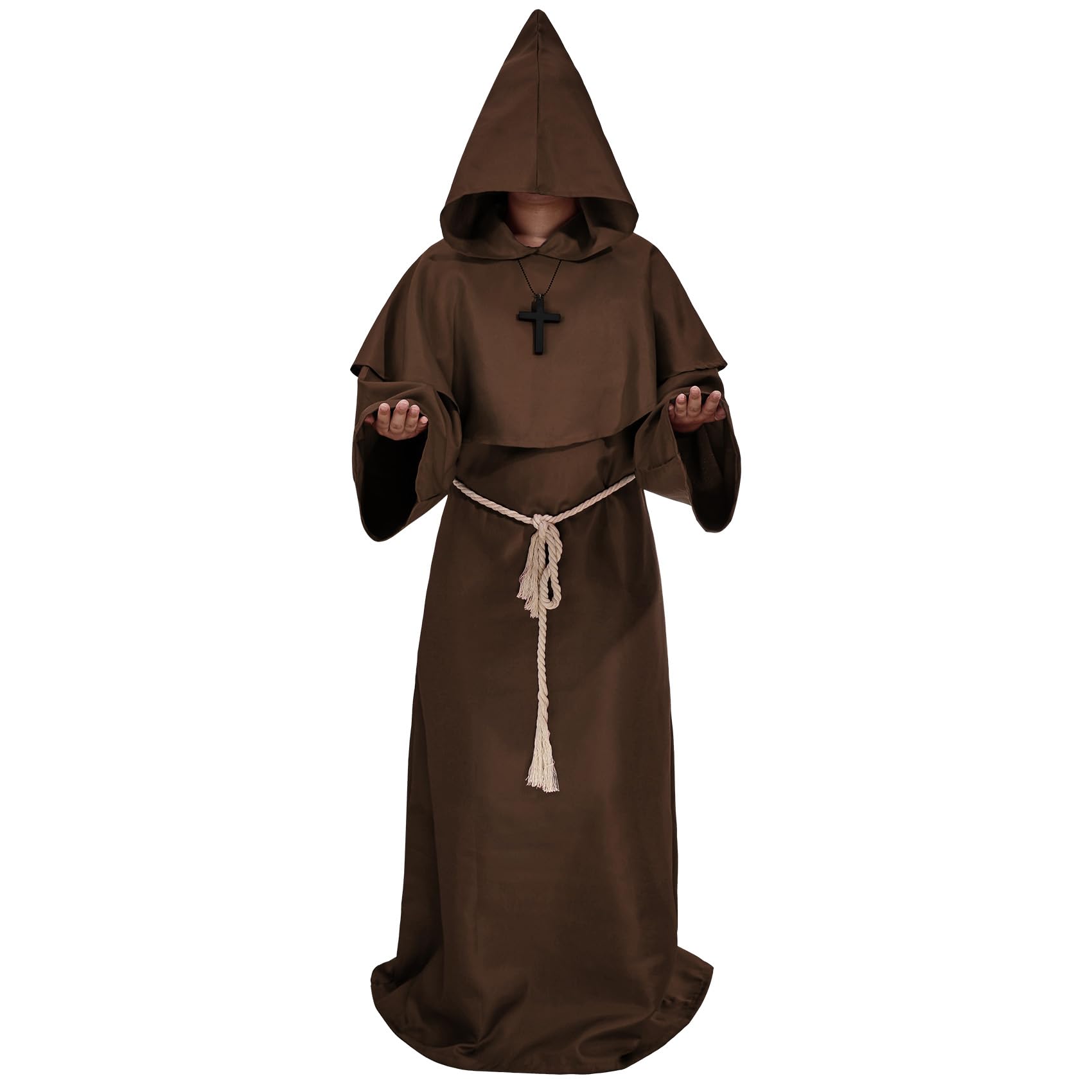 TRIWORKS Medieval Black Hooded Monk Robe Costume Friar Priest Robe Cloak Renaissance Costume Men Cosplay Halloween Wizard Cape S