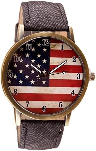 Vintage Vogue American Flag pattern Ninasill Leather Quartz Analog Canvas Strap Watch(Black)