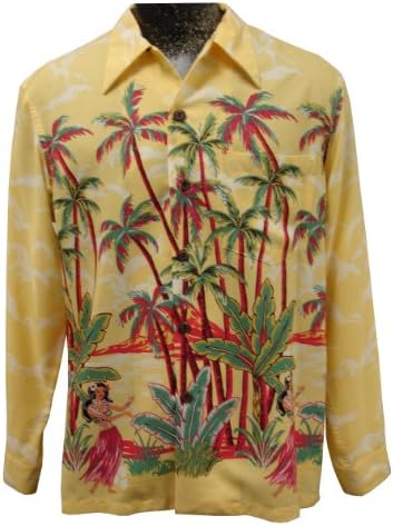 Kamehameha Mens Hula Girl Palm Long Sleeve Shirt Soft Yellow 2X