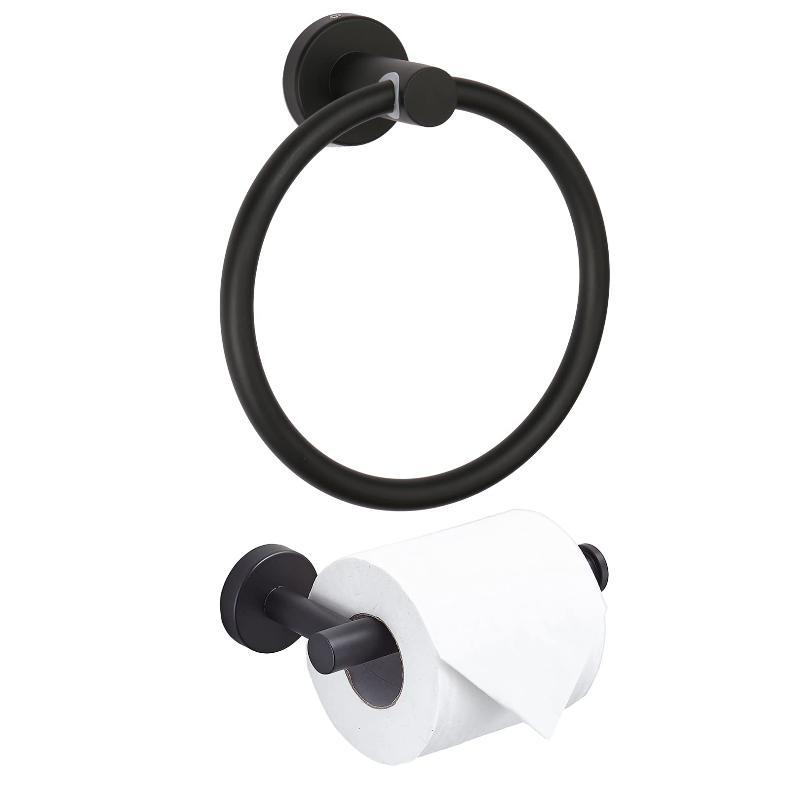 TocTen Bathroom Hardware Set- Toilet Paper Holder+Towel Ring 2 PCS Set, Toilet Paper Roll Holder/Hand Towel Holder Make of Thicken Stainless Steel Wall Mounted Bathroom Accessory Kit. (Matte Black)