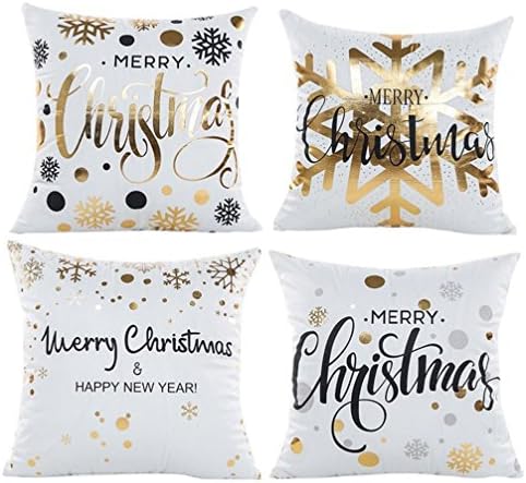 4 Pack Christmas Pillow Covers, Glitter Art Print Snowflakes Merry Christmas Decorative Throw Pillow Case for Home Car Decoration 18 x 18 Inch