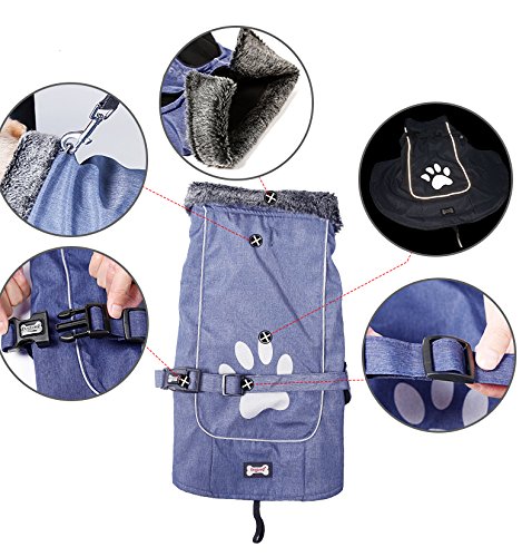 Waterproof Winter Coat Fleece Lined Warm Dog Sports Jacket with Harness Hole & Reflective Strips by DELIFUR (XXL, Blue)