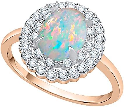 Diamond and Oval Cut Opal Double Halo Ring in 14K Rose Gold (3/4 cttw) (JK-Color, SI2/I1-Clarity) (Size-4)