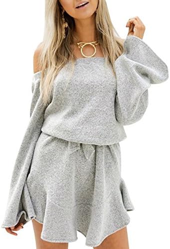 Autumn Women's Sexy Off Shoulder Long Sleeves Knit Short Jumpsuit Loose Fit Casual Rompers Playsuit Mini Dress (S)