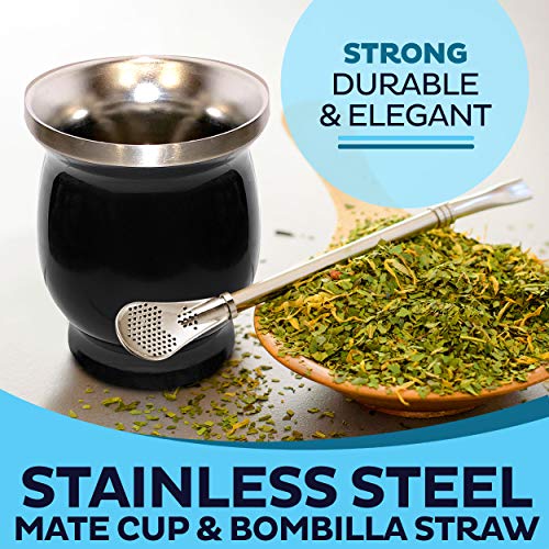 Yerba Mate Natural Gourd/Tea Cup Set of 2 (Original Traditional Mate Cup - 8 Ounces) | Includes Bombilla (Yerba Mate Straw) & Cleaning Brush | Black Stainless Steel | Double-Walled | Easy to Clean
