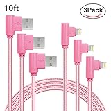 ANSEIP 90 Degree iPhone Cable 3 Pack Right Angle lightning Cable USB Charger Cords Fast Charging and Data Sync for iPhone X/8/7/6/5 iPad (Rose Glod - 10FT)