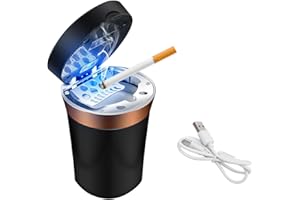 Sylvil Car Ashtray, Auto Ashtray with Cigar Electronic Lighter Solar Powered/USB Rechargeable, Smokeless Ash Tray with Lid & LED Blue Light, Universal Interior Car Accessories (Black)