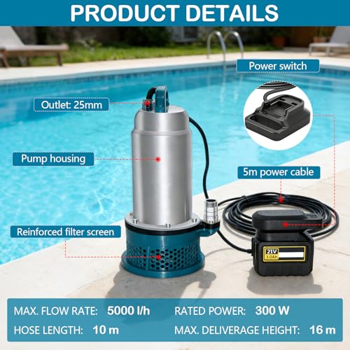 5000L/H Battery Powered Submersible Water Pump with 10m Hose, 5m Connecting Cable, 21V Battery and Charger for Swimming Pool, Water Bed, Garden Irrigation