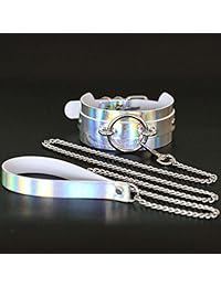 FM FM42 O Ring 1.73" Wide Hologram PU Adjustable Collar Choker with Detachable Chain Leash (4 Colors)
