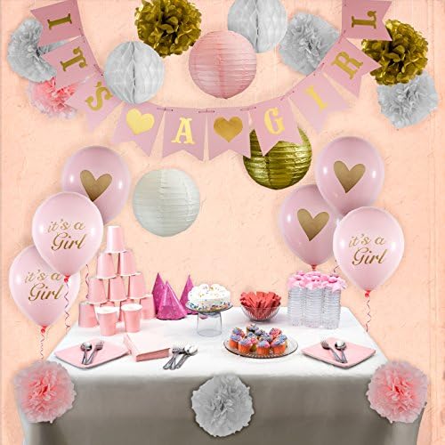 Baby Shower Decorations for Girl, White Pink and Gold IT'S A GIRL Banner, Tissue Paper Flower Pom Poms, Honeycomb balls, Lanterns, Balloons Party Decor Kit