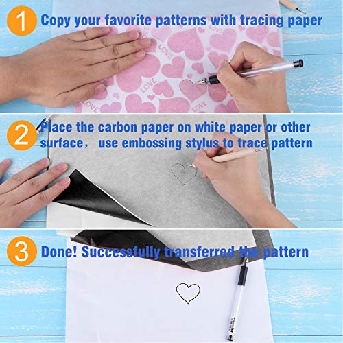 TUPARKA 150 Sheets Carbon Copying Paper and Tracing Paper with 5 Pieces Embossing Styluses Stylus Tools,Black Carbon Transfer Paper for Tracing on Wood,Fabric Tattoo Stencil Copy Accessory