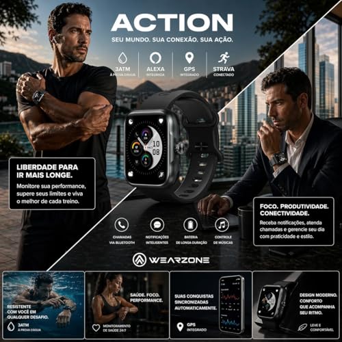 Smartwatch Action com GPS Integrado, Alexa integrada, Tela AMOLED, Resistência 3ATM, A prova d'água, Fitness e Notificações Inteligentes Pulseira Respirável (Preto)
