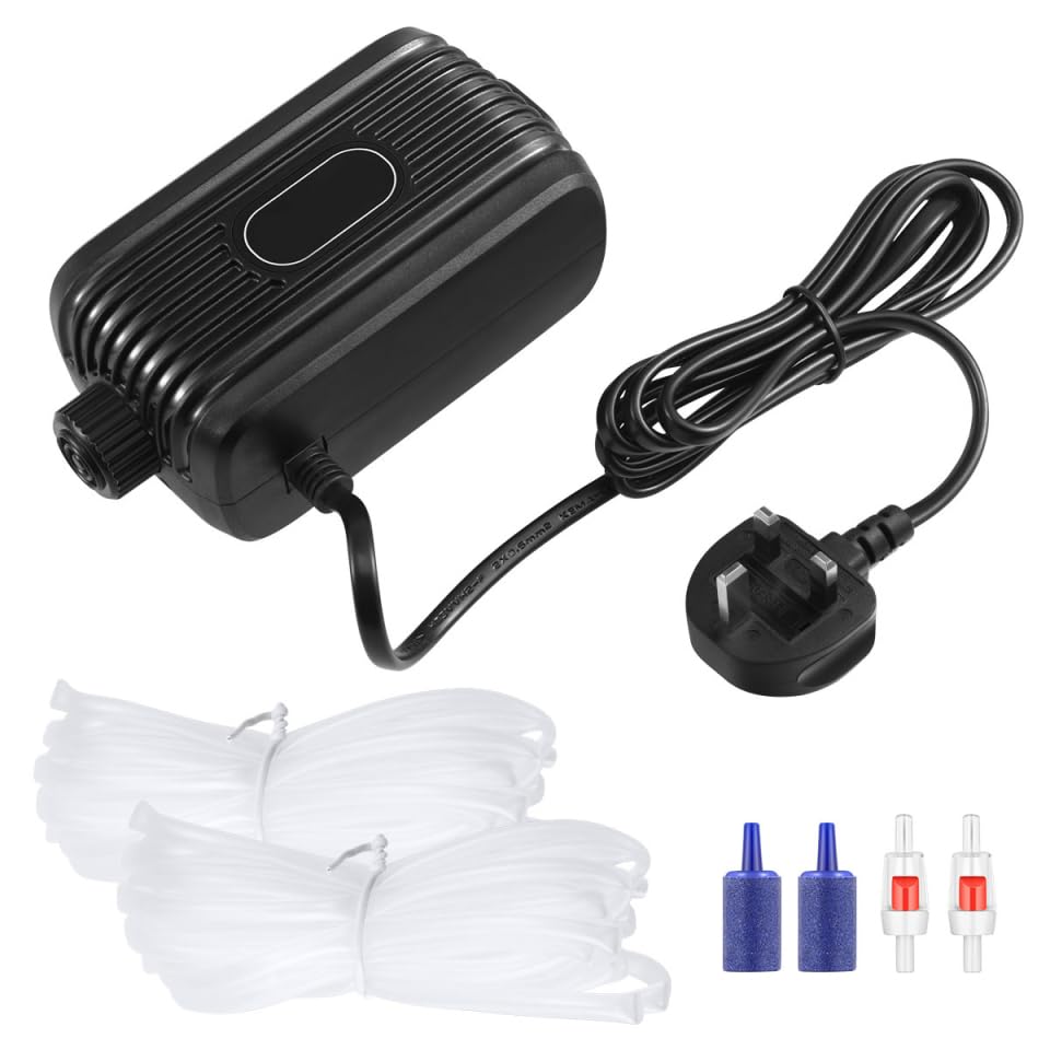 Aquarium Air Pump Double Outlets Adjustable Fish Tank Oxygen Pump with Accessories Air Stone Check Valve and Tube, 2x 2.5L/min