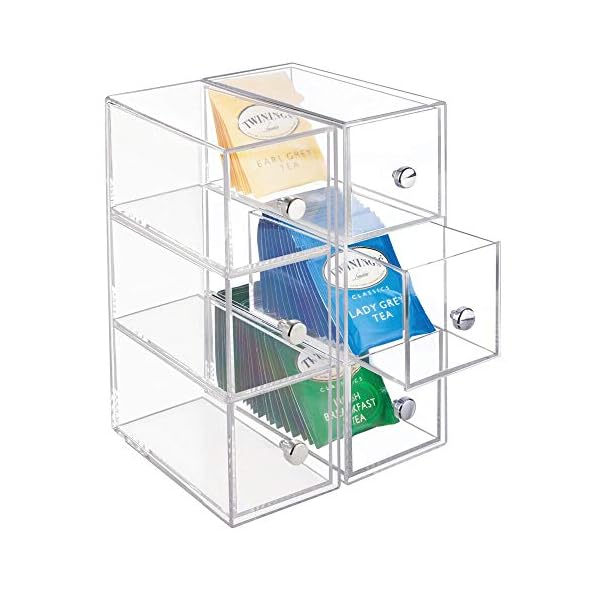 mDesign-Plastic-Kitchen-Pantry-Cabinet-Countertop-Organizer-Storage-Station-with-3-Drawers-for-Coffee-Tea-Sugar-Packets-Sweeteners-Creamers-Drink-Pods-Packets-4-Pack-Clear mDesign Handy Tea Box Storage Unit with Room for Different Types of Teabags – Sturdy Storage Box for Use in The Kitchen…