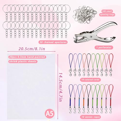 Wosyoodo 171-Piece A5 Crazy Plastic Kit, Includes 20 Transparent Crazy Plastic, Punch, 30 Key Ring, 100 Open Loops, 20 Cord Ties with Instructions for Creative DIY