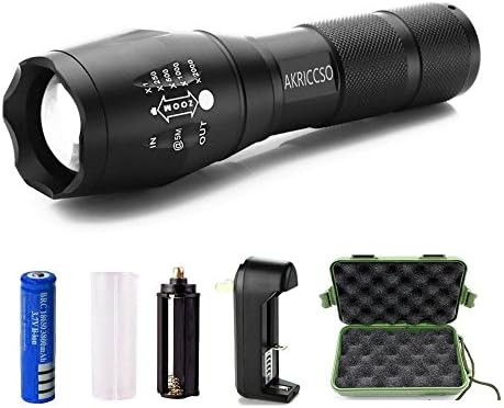 AKRICCSO Tactical Portable LED Flashlights, 1000 Lumens T6 Adjustable Focus Torch and Military Water Resistant and 5 Light Modes with Rechargeable 18650 Lithium Ion Battery and Charger