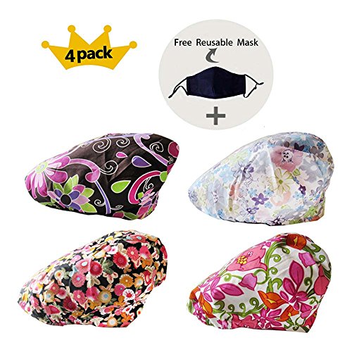 JoyRing Adjustable Surgical Scrub Cap Medical Doctor Bouffant Hats with Sweatband and Free Cotton Mask