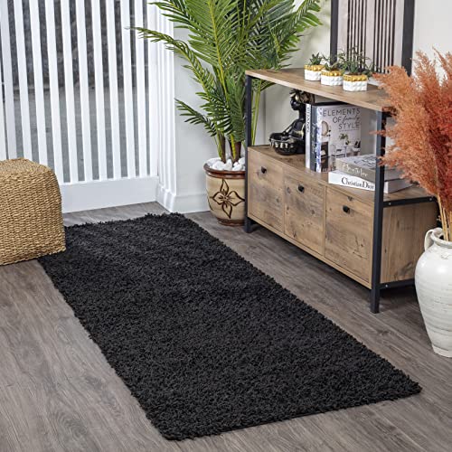 Livabliss Home Shaggy Rug - Modern Runner Rugs Living Room, Hallway 80x220 cm, Soft Shaggy Rugs for Bedroom - Neutral Boho Fluffy Rug, Easy Care Plush Thick Pile - Black