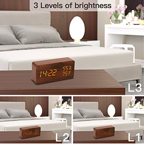 image for AHOMATE Digital Alarm Clock, Wood LED Adjustable Brightness Voi