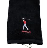 Personalized Golf Towel for men Custom Embroidered with Hanging Ring for Birthday Fathers Day Gift (Black)