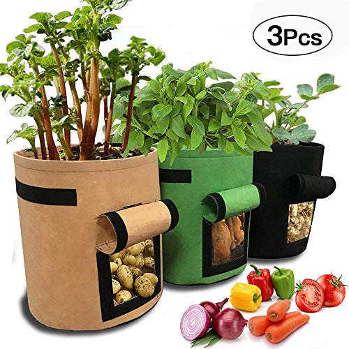 AYUQI 3 Pack Potato Grow Bag-7 Gallon Vecro Window Vegetable Grow Bag, Double Layer Premium Breathable Nonwoven Cloth(Brown+Green+Black)