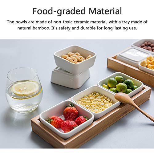 HaloVa Serving Tray, Removable Ceramic Compartment Bowls with Bamboo Tray, Snack Tray, Appetizer Tray, Fruit Tray, and Multifunctional, 4 Grids
