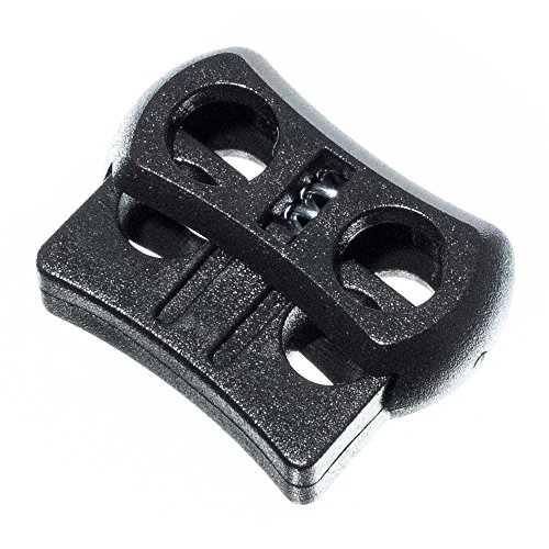 Craft County Black Plastic Dual Hole Adjustable Cord Locks - Double Opening, Wide Barrel, Spring-Loaded Design - Pack Sizes of 5, 10, 25, 50, 100, 250, 500, and 1000