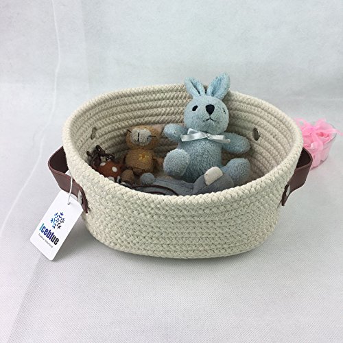 ICEBLUE HD Mini Beige Natural Cotton Rope Dog Toys Basket Nursery Basket Catchall with Leather Handles