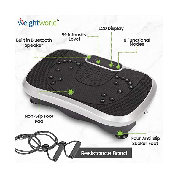 Vibration-Exercise-Machine-Home-Gym-Fitness-Vibration-Plate-6-Modes-99-Intensity-Levels-Home-Workout-Resistance-Bands-With-Handle-Added-Built-In-Bluetooth-Speaker-Full-Body-Workout-Trainer Vibration Plate Exercise Machine - 99 Intensity Levels + 5 Programs - Home Vibration Fitness Trainers - Bluetooth…
