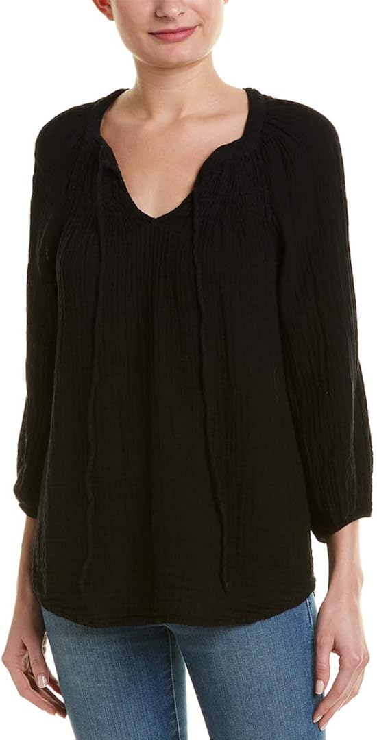Michael Stars Women's Double Gauze Peasant top with Smocking, Black, M