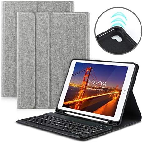 iPad 9.7 Keyboard Case for iPad 2018 (6th Gen)- iPad 2017 (5th Gen)- iPad Pro 9.7- iPad Air 2 1, Slim Detachable Bluetooth Keyboard with Folio Stand Multi-Angle Viewing Cover & Pencil Holder, Gray