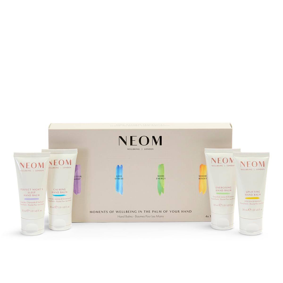 Neom Moments of Wellbeing in The Palm of Your Hand Gift Set I 4 x 30 ml Fragrances I Hand Balm Collection I 100% Natural I Perfect Handbag Size