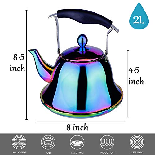 Rainbow Whistling Tea Kettle Stainless Steel Stovetop Teakettle Sturdy Teapot for Tea Coffee Fast Boiling with Infuser Color Rainbow Mirror Finish 2 Liter / 2.1 Quart (Rainbow)