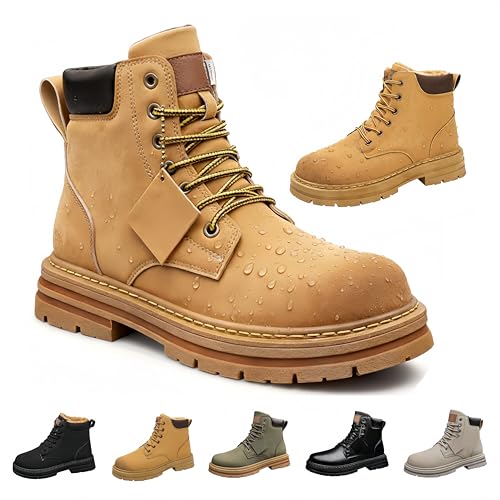 Mens Waterproof Walking Boots, Hiking Leather Ankle Boots with Fleece Lining, Non-Slip Outdoor Warm Chukka, Lace Up Wide Fit Chelsea Snow Work Booties