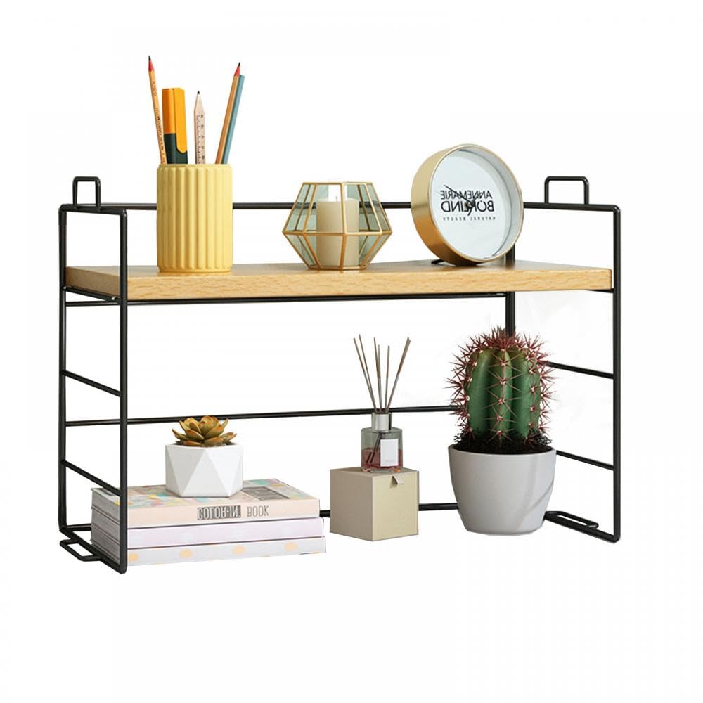Gelory Desk Organizer Shelf Desktop Storage Shelf Display Bookcase Storage Rack Multipurpose Desktop Bookcase Stand for Office Kitchen Bedroom Bathroom Reading Room (Black frame wood color)