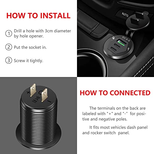 USB C Car Charger Socket, 12V USB Outlet with 18W Dual PD Ports & 18W
