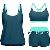 Aqua Eve 3 Piece Tankini Swimsuits for Women - Blouson Bathing Suits Tummy Control Swim Shorts with Sporty Pockets 2026