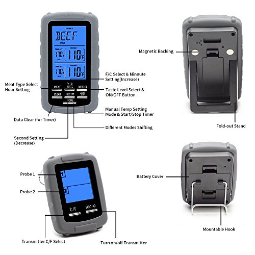 UPGRADED HomEnjoy Wireless Remote Digital Cooking Food Meat Thermometer with Dual Probe for Smoker Grill BBQ Thermometer, Gray